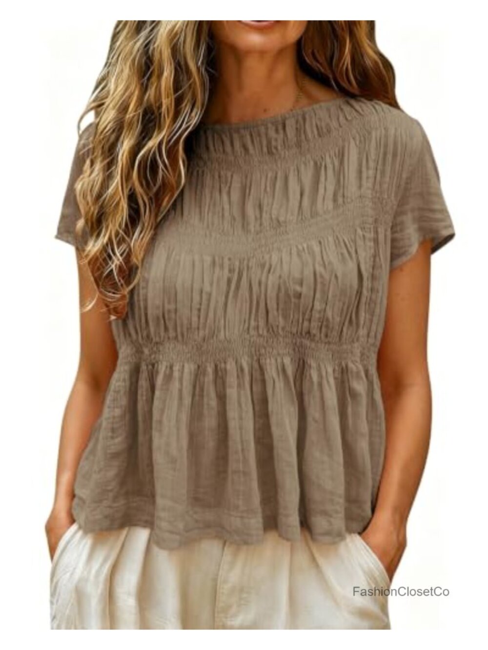 Linen Blend Crop Top Peplum Open Back Babydoll Blouse Summer
